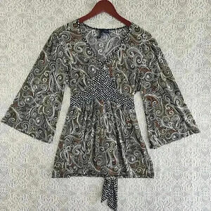 Saint Tropez West V Neck Paisley Wide Sleeve Tied Back Stretched Blouse M